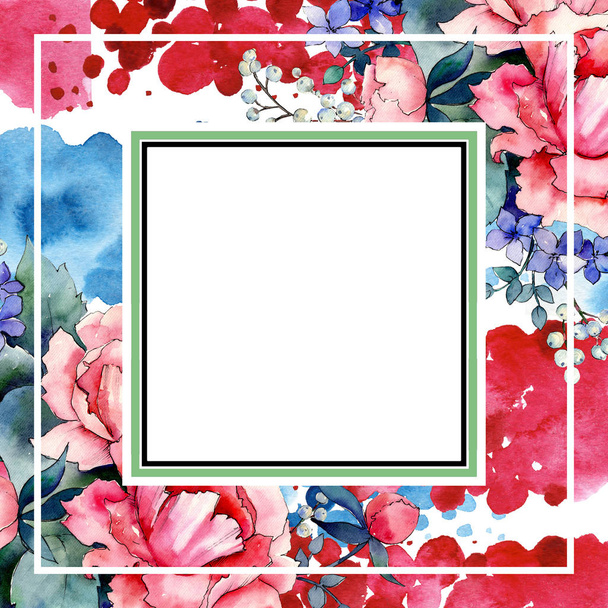 Pink rose bouquet floral botanical flowers. Watercolor background illustration set. Frame border ornament square. - Фото, изображение