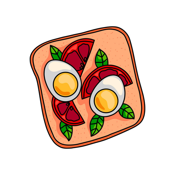 Tasty sandwich with half boiled egg and cutted tomato - Vector, Image