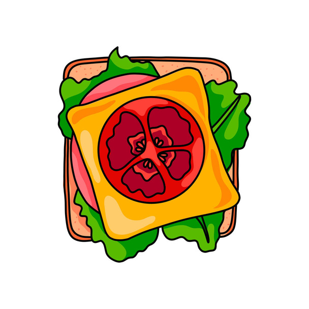 Sandwich with cutted milk sausage and circle cutted tomato - Vector, Image