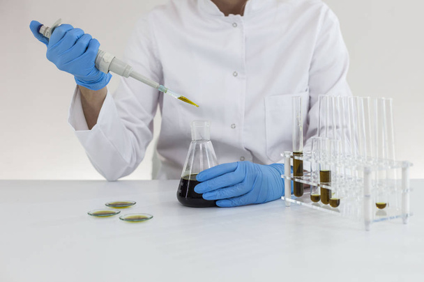 Tudós kesztyű ellenőrzése gyógyszerészeti CBD olajat egy laboratóriumban a óraüveg - Fotó, kép