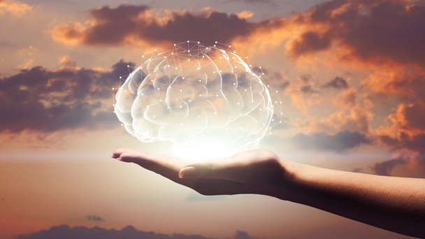 女性の手のひらに人間の脳ホログラム、夕日の空の背景 - 写真・画像