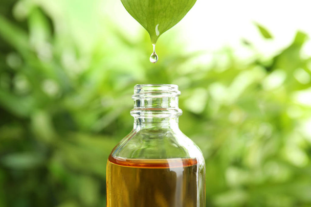 Essential oil dripping from leaf into glass bottle on blurred background - Fotoğraf, Görsel
