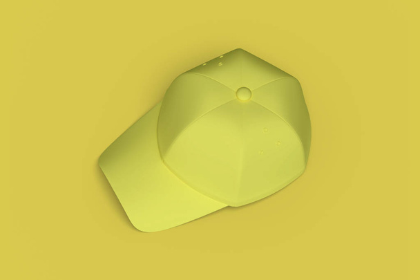 Yellow baseball hat on a yellow background abstract image. Minim - 写真・画像