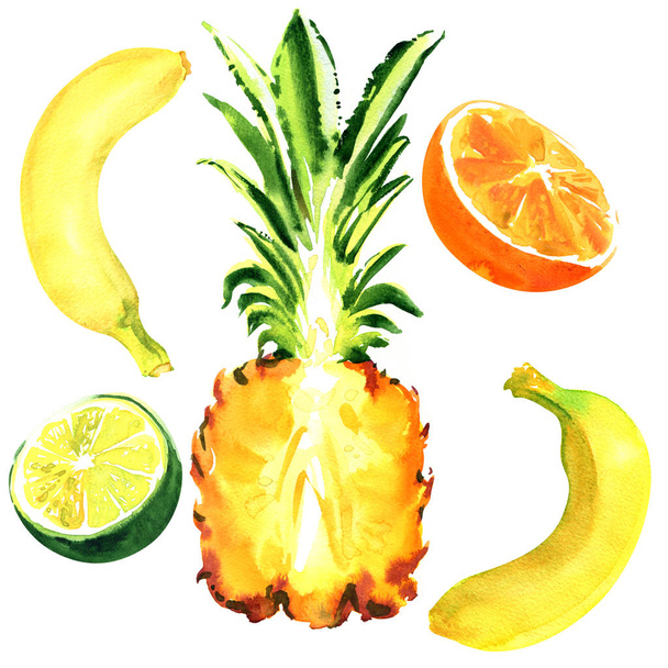 Fresh exotic fruits, banana, pineapple, orange, lime, tropical juicy fruit, healthy food, isolated, hand drawn watercolor illustration on white - Photo, Image