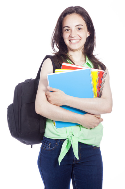 Щаслива усміхнена студентка носить блокноти, ізольовані на w
 - Фото, зображення