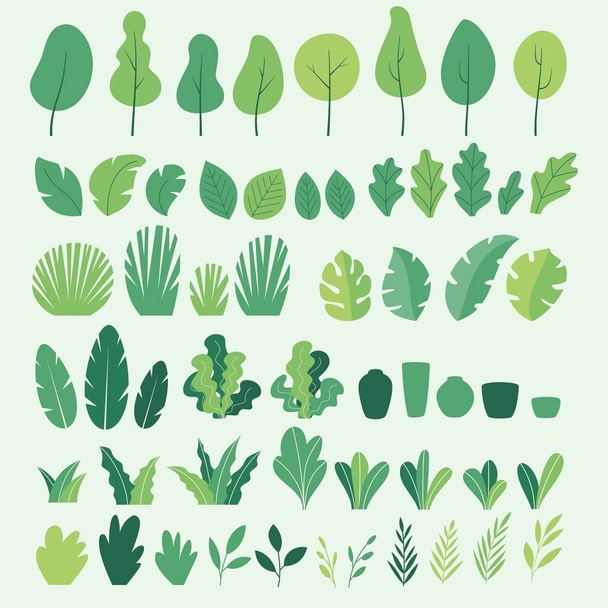 Vektor sor lapos illusztrációk a növények, fák, levelek, branc - Vektor, kép