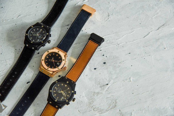 Wrist watch with leather strap. Man's watch. Jewelry accessory. - 写真・画像