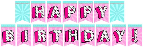 Digital printable flags for decorating lol backdrop. Turquoise blue green and pink color with silver zipper. Letters banner for little doll. Vector spell "HAPPY BIRTHDAY!" Template with picture place  - Vector, Image