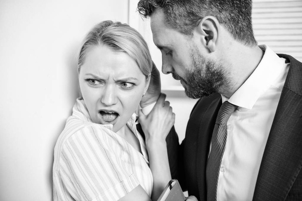 Office woman and her lustful boss. Prejudice office. Protection female rights. - Photo, image