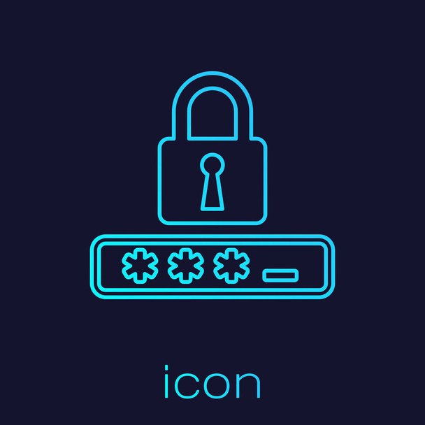 ターコイズパスワード保護と安全アクセスラインアイコンは、青い背景に隔離されています。ロックアイコン。セキュリティ、安全、保護、プライバシーの概念。ベクトルイラストレーション - ベクター画像