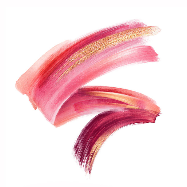 digital illustration, red pink gold paint, brush stroke isolated on white background, paint smear, cosmetics splash clip art, artistic design element - Фото, изображение