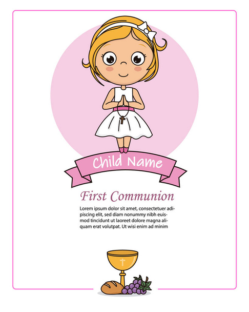 Card my first communion girl. Praying girl. - Vector, Image