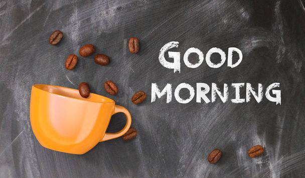 Mesaj ile Blackboard Bir portakal kahve fincanı ve kahve çekirdekleri ile Günaydın - Fotoğraf, Görsel
