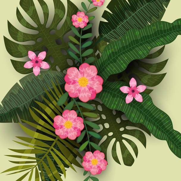 Summer Sale trendy tropical leaves and flowers. Design. background template of exotic plants and hibiscus flowers. Trend pattern jungle. Vector, illustration, isolated, poster, banner, flyer - Διάνυσμα, εικόνα