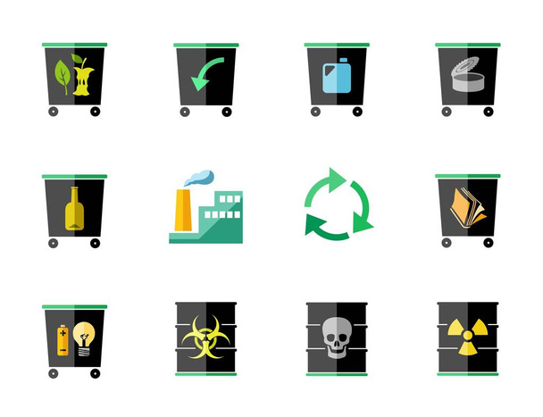 Waste disposal, flat icons, black, color, vector. Garbage collection, different types of waste. Colored icons on white background. Vector clip art.  - Vecteur, image