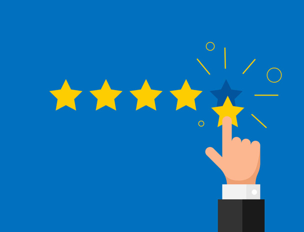Online feedback reputation quality customer review concept flat style. Businessman hand finger pointing five gold star rating. Vector illustration - Vector, Image