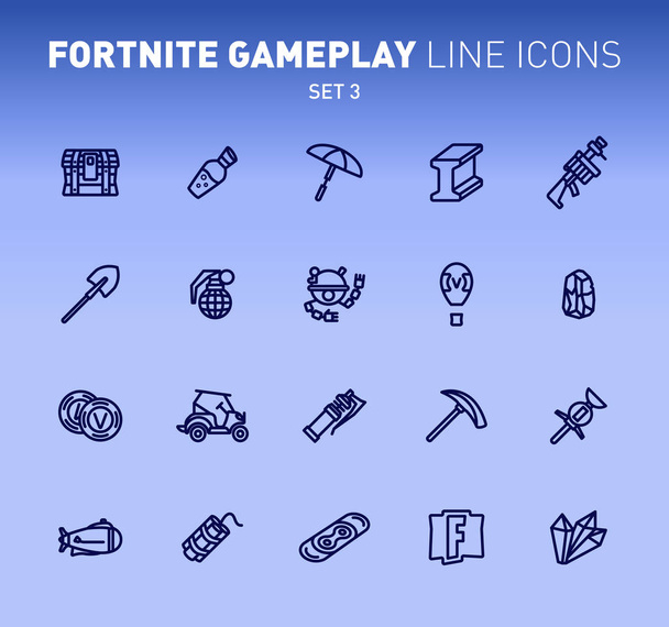 Fortnite epic game play outline icons. Vector illustration of combat military facilities. Linear flat design on blue background. Set 3 of icons for Fortnite. - Vector, Image