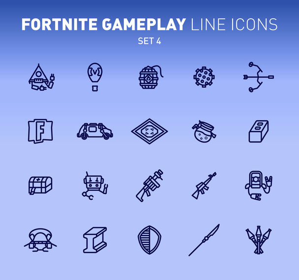 Fortnite epic game play outline icons. Vector illustration of combat military facilities. Linear flat design on blue background. Set 4 of icons for Fortnite. - Vector, Image