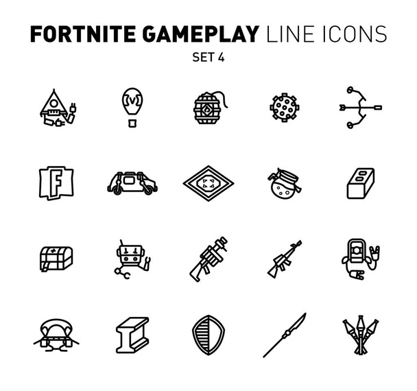 Fortnite epic game play outline icons. Vector illustration of combat military facilities. Linear flat design. Set 4 of black icons for Fortnite. - Vector, Image