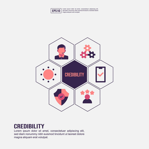 Concept de crédibilité pour la présentation, la promotion, le marketing sur les médias sociaux et plus encore. Infographie de crédibilité minimaliste avec icône plate
 - Vecteur, image