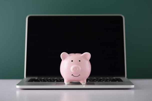 Piggy Bank With Laptop - Zdjęcie, obraz