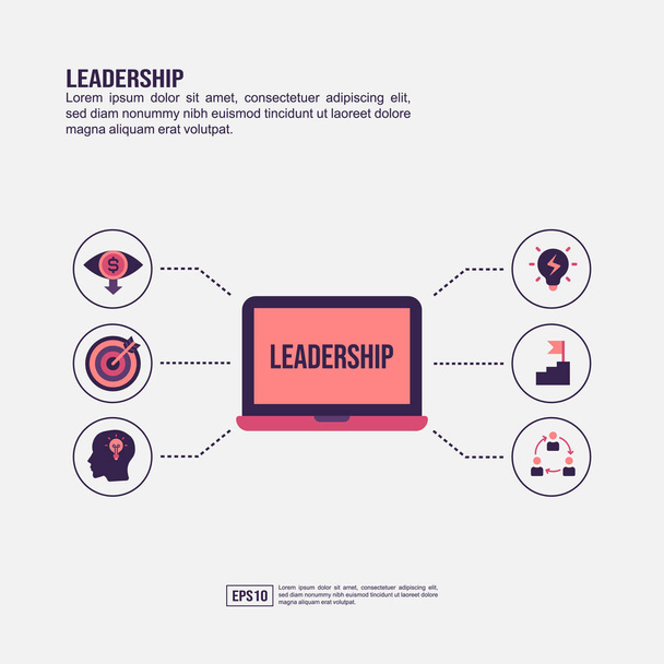 Концепция лидерства для презентации, продвижения, маркетинга в социальных сетях и многое другое. Инфографика минималистского лидерства с плоской иконой
 - Вектор,изображение