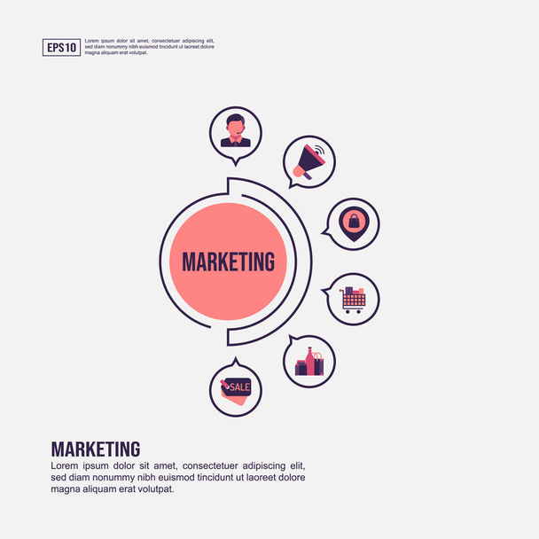 Marketingkonzept für Präsentation, Promotion, Social Media Marketing und mehr. minimalistische Marketing-Infografik mit flachem Symbol - Vektor, Bild