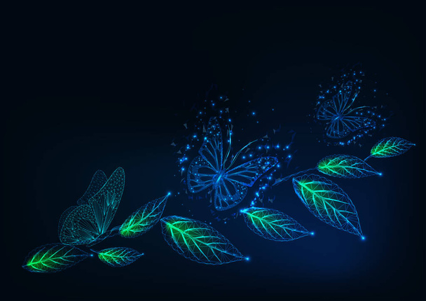 Futuristic web banner template with glowing low polygonal butterflies and green leaves on dark blue. - Vektor, kép