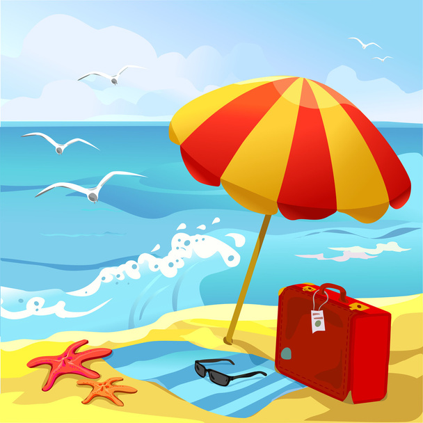 beach with sun umbrella and suitcase - Вектор,изображение