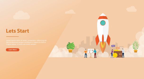 lets start big words concept with team people and rocket startup launch business for website template banner or landing homepage - vector - Vector, Image