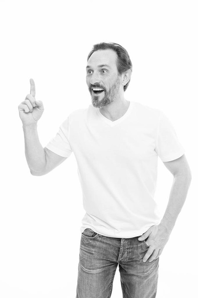 Great idea. Man handsome mature guy keeping finger raised and looking at camera while standing against white background. Man bearded cheerful happy fresh idea. Birth of ideas. Idea on his mind - Foto, Imagem
