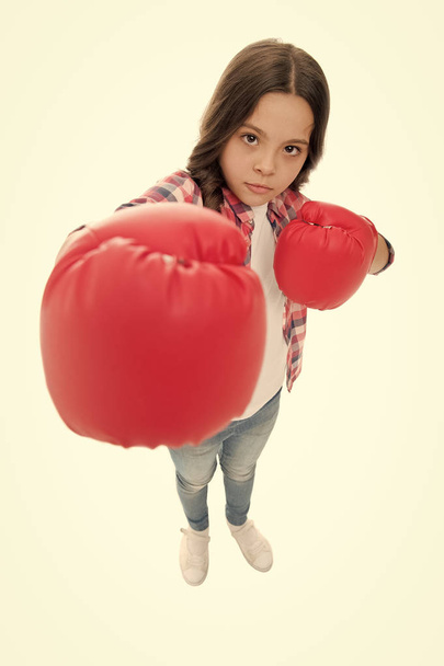 Feminist upbringing and female rights. Fight for her rights. Female rights and liberties. Girl boxing gloves ready to fight. Kid strong and independent girl. Feel powerful. Girls power concept - Fotografie, Obrázek