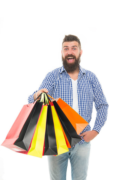 Safe shopping. Consumer protection concept. Man happy consumer hold shopping bags. Buy and sell. Consumer protection laws ensure rights. Fair trade competition and accurate information in marketplace - Фото, изображение