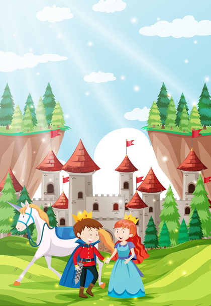 Prince and princess in castle scene - Vector, Image