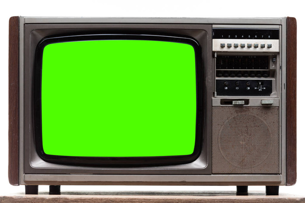 ヴィンテージテレビ:白で隔離された緑色の画面を持つ古いレトロなテレビ  - 写真・画像