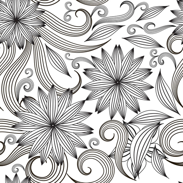 Black and white floral line art seamless pattern. Vector ornamen - ベクター画像