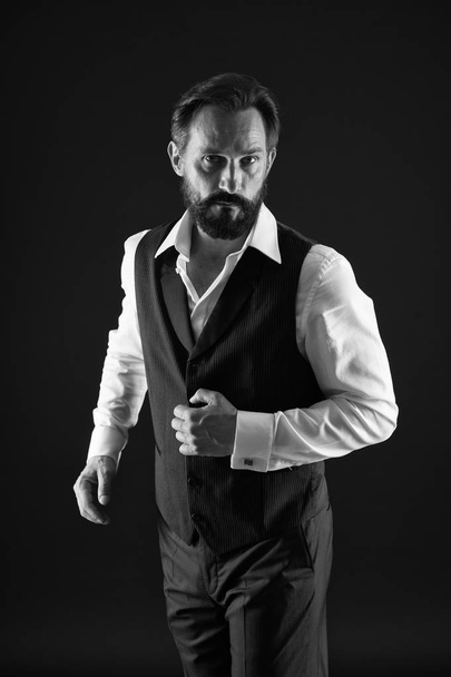 Elegant outfit mature man. Take good care of your silhouette. How to dress for your age. Elegancy and male style. Formal outfit. Classy style. Man bearded guy wear white shirt and classic vest outfit - Foto, Imagen
