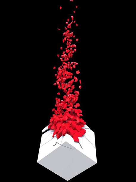 Cubo branco desintegrando-se em muitas pequenas peças vermelhas
 - Foto, Imagem