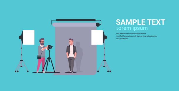 professional photographer using camera shooting business man in formal wear model posing in modern photo studio interior horizontal full length flat copy space - Vector, afbeelding