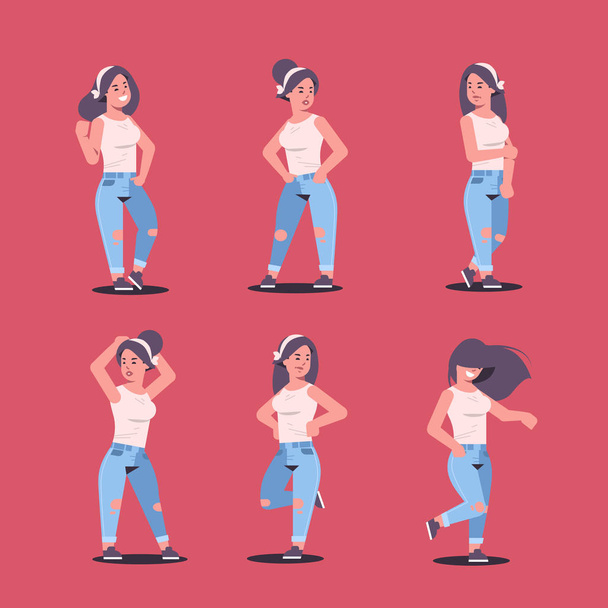 set young women group in casual clothes standing different poses smiling female cartoon characters collection girls posing on red background flat full length - Vektor, Bild