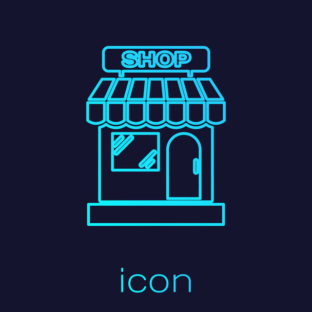 Turquesa Edificio de compras o icono de la línea de tiendas de mercado aislado sobre fondo azul. Construcción de tiendas. Ilustración vectorial
 - Vector, imagen