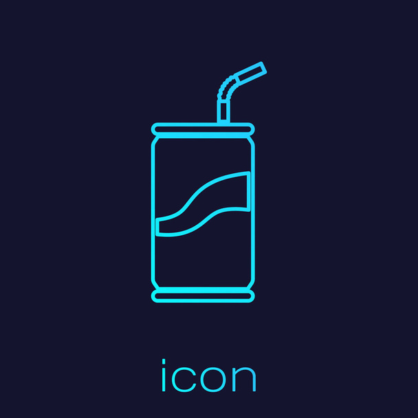 Turquoise Soda can with drinking straw line icon isolated on blue background. Vector Illustration - Vector, Image