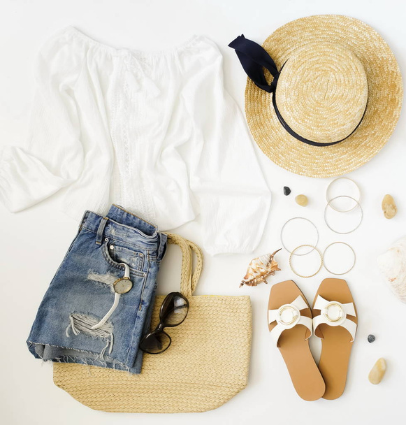 beautiful feminine summer outfit on white background - Photo, image