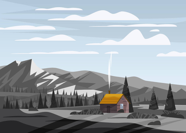 Горный ландшафт долины сельской местности, фермерский дом зеленые луга с панорамным горизонтом гор в модном плоском стиле и серый монохромный цвет. Вектор, иллюстрация, изоляция, банер, плакат
 - Вектор,изображение