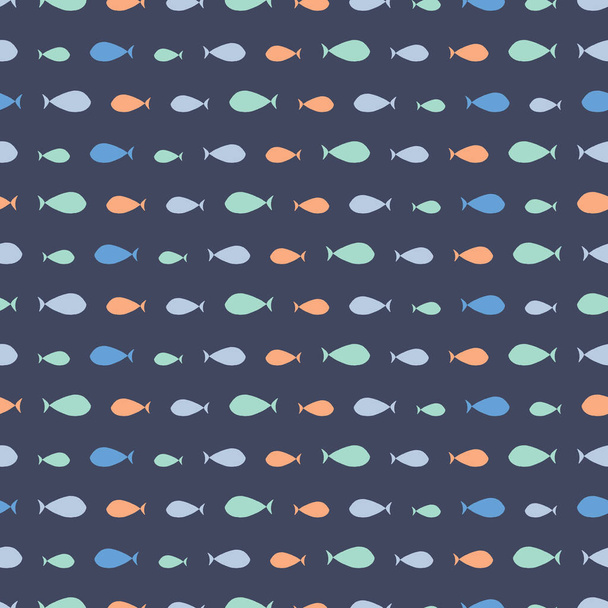 Бесшовное повторение нарисованной вручную мелкой рыбы на темно-синем фоне. Симпатичный векторный рисунок морской жизни идеально подходит для детей
. - Вектор,изображение