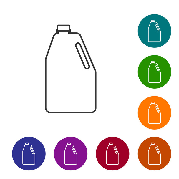 Icône de ligne de bouteille en plastique vide de produits chimiques ménagers gris isolé sur fond blanc. Détergent liquide ou savon, détachant, eau de Javel. Illustration vectorielle
 - Vecteur, image