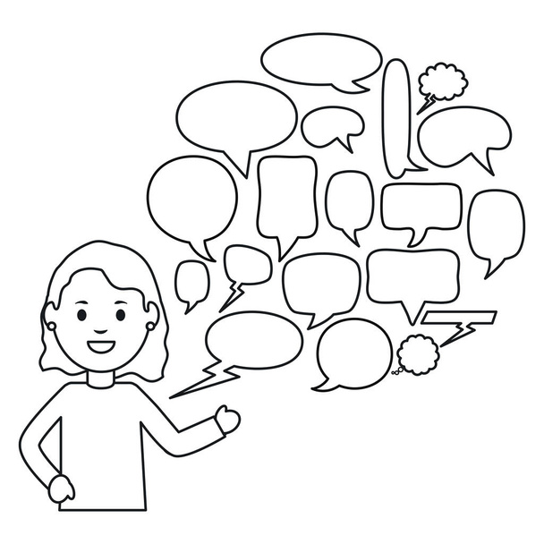 mulher monocromática com bolhas de fala avatar personagem quadro quadrado e elementos de aniversário vector illustraitor
 - Vetor, Imagem