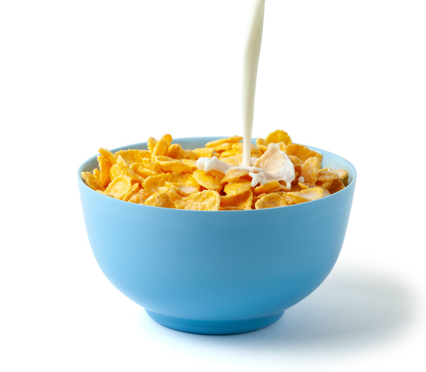 Cornflakes droog ontbijt met melk. Stroom van melk met kaas en splash giet naar blauw bord met granen. Geïsoleerd op witte achtergrond. - Foto, afbeelding