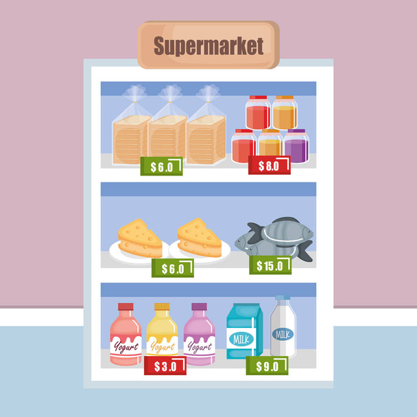 supermarket shelf with products - Vector, Image