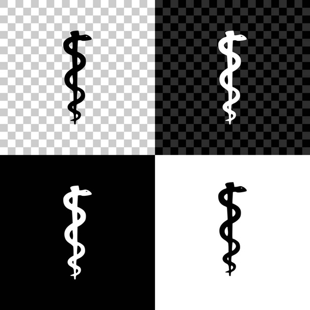 Ράβδος του Ασκληπιού φίδι κουλουριασμένο επάνω σιλουέτα σε μαύρο, λευκό και διαφανές φόντο. Έννοια της ιατρικής και της υγειονομικής περίθαλψης. Έμβλημα για φαρμακείο ή φάρμακο, σύμβολο φαρμακείων. Απεικόνιση διανυσματικών φορέων - Διάνυσμα, εικόνα